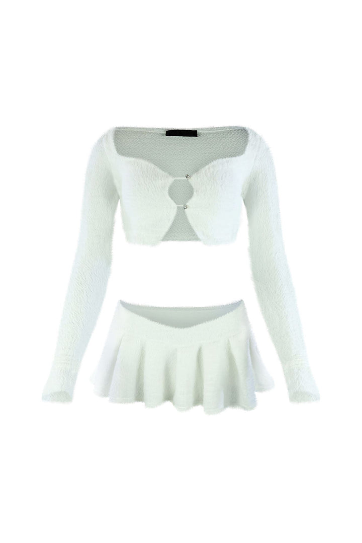 As Time Goes Fuzzy Cardigan Top &amp; Skirt SET