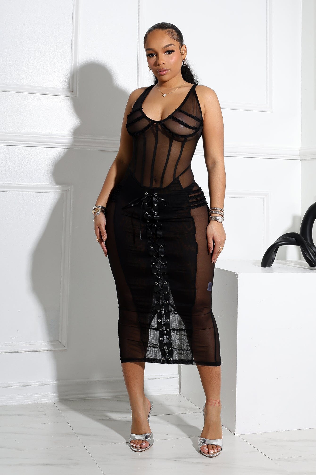 Angela Mesh Corset Lace Up Midi Dress Angela Mesh Corset Lace Up Midi Dress