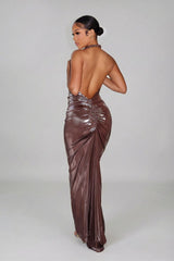 Selene Metallic Twisted Halter Maxi Dress
