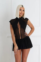 Asajj Cap Sleeve Lace Up Flare Mini Dress