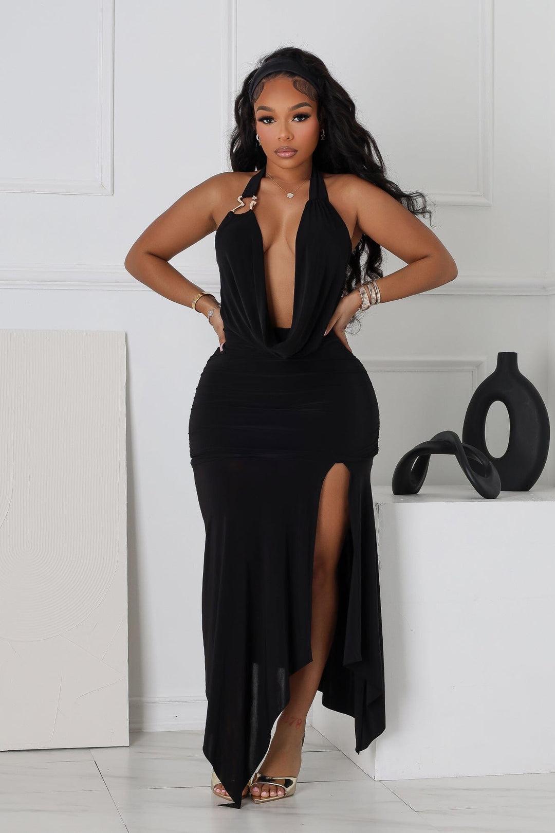 Caroline Gold Metallic Cowl Neck Top &amp; Skirt SET