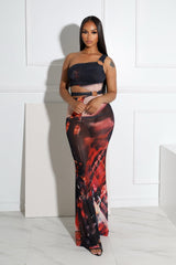 Metro Mesh Print One Shoulder Cutout Maxi Dress