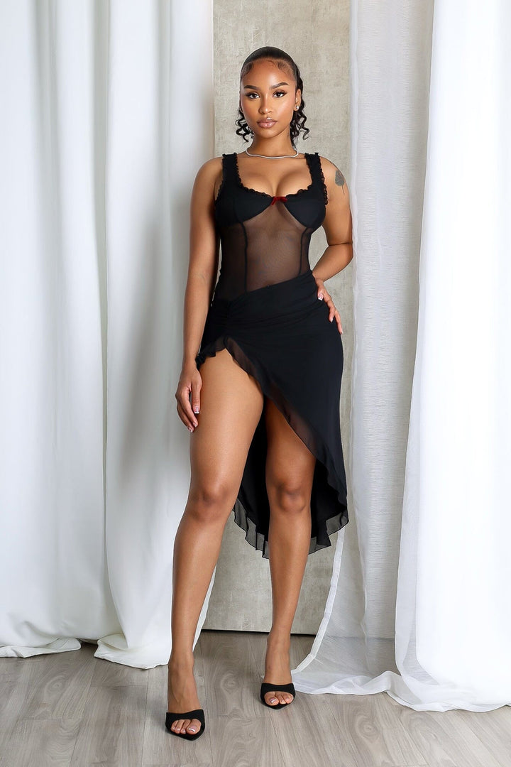Tamiko Mesh Ruffle Trim Tank Midi Dress