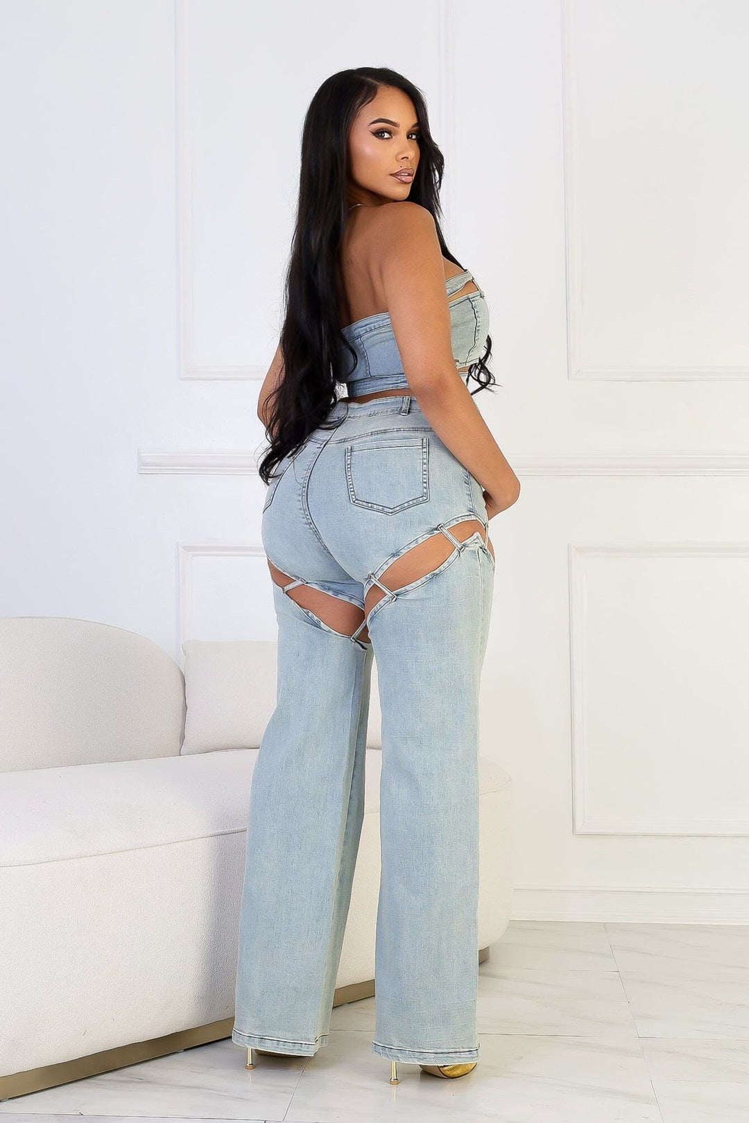 Jett Denim Tube Top &amp; Cutout Pants SET