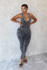 Nicole Mineral Washed Zip Up Sleeveless Jumpsuit