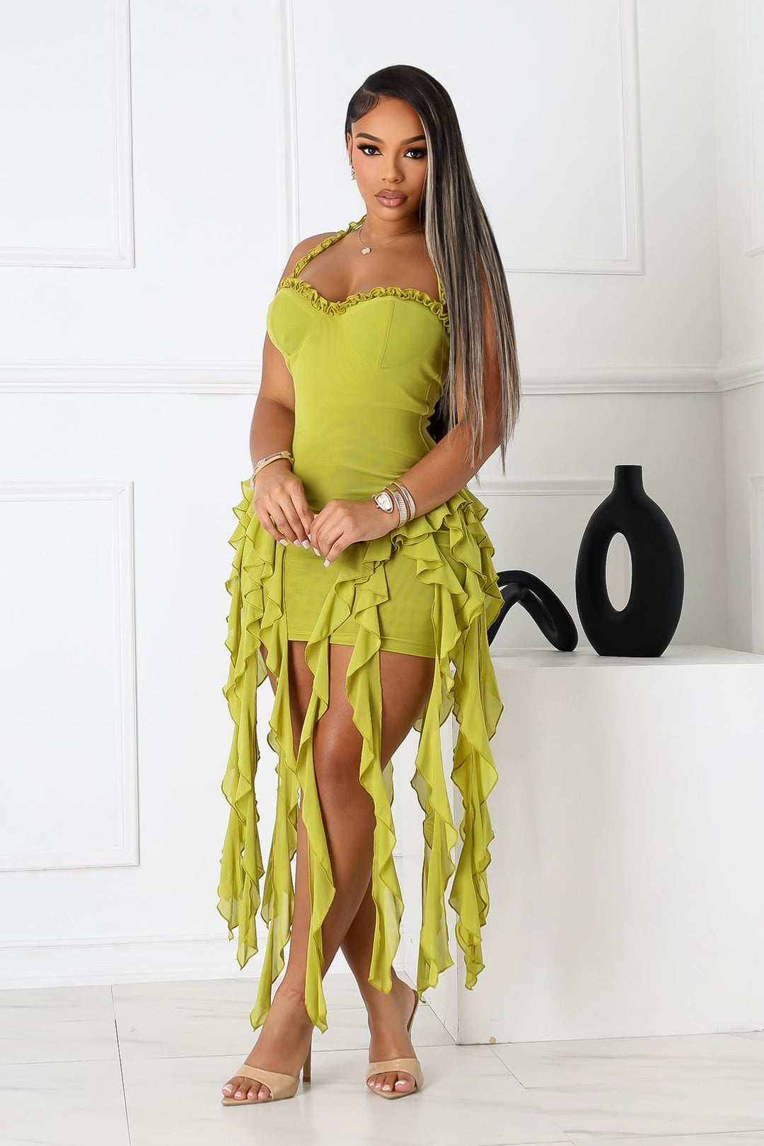Rumba Mesh Ruffled Mini Dress