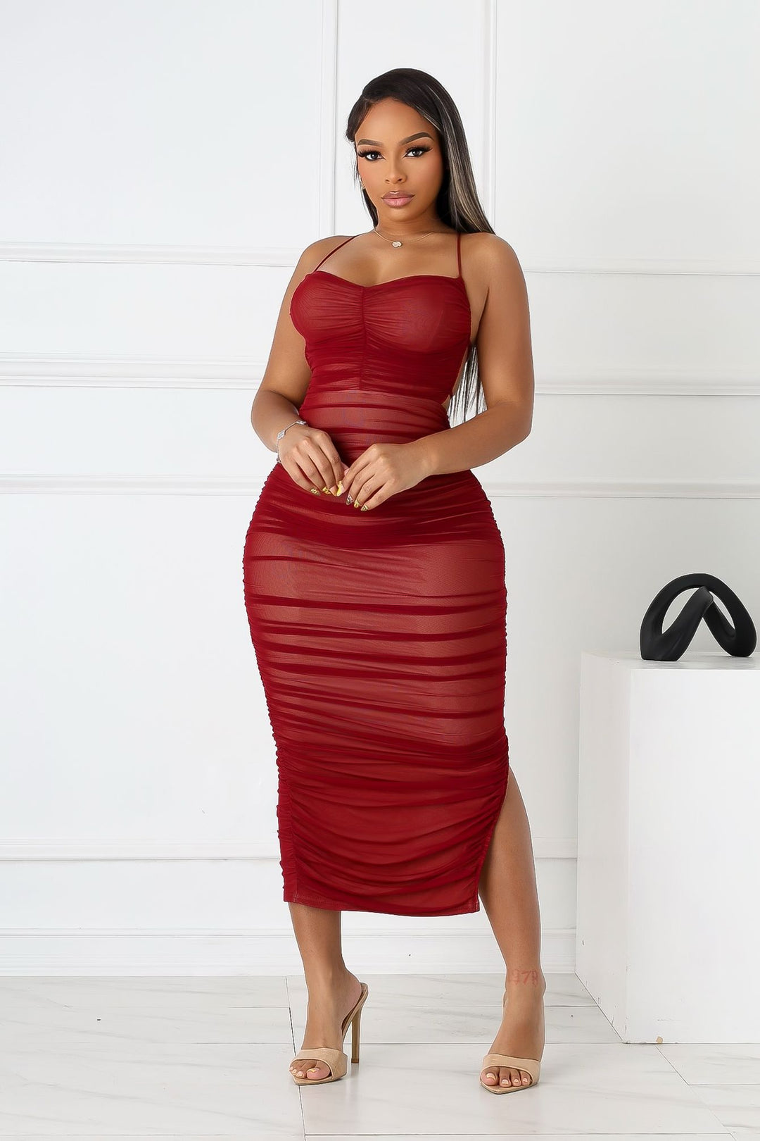 ruched red midi dress Red Ruched Drop Waist Thalia Midi Dress
