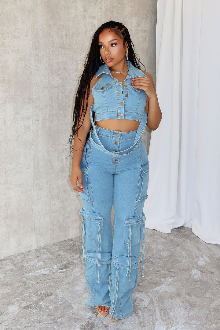 Get Goin Denim Cross Straps Vest &amp; Pants SET