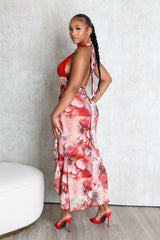 Fariah Print Lace Halter Ruffle Maxi Dress