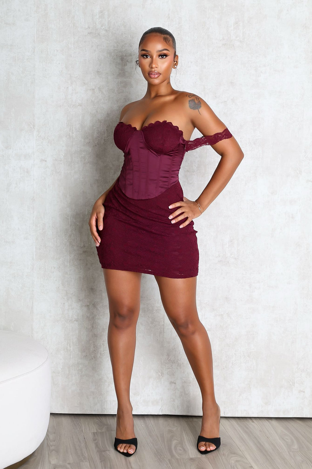 Fever Lace Off Shoulder Mini Dress
