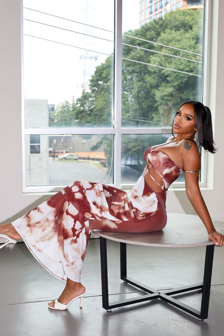 Rust Afterdark Mesh Print Halter Maxi Dress
