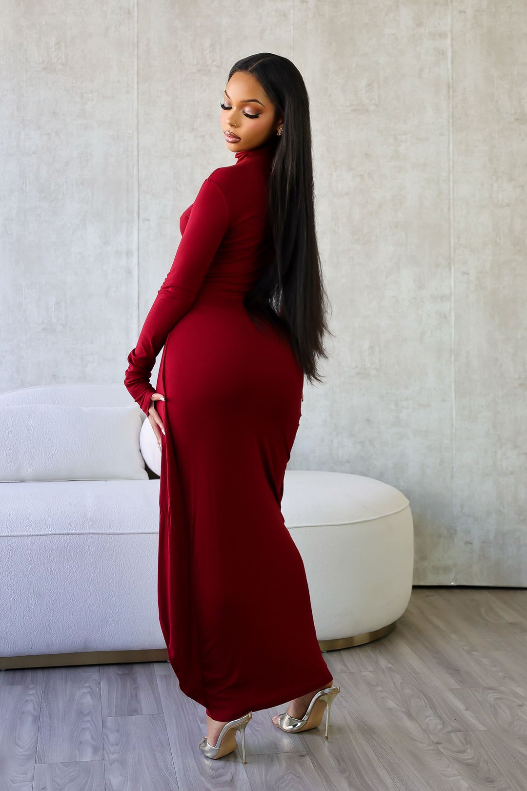 Lazy Noon Thumbhole Mock Neck Maxi Dress