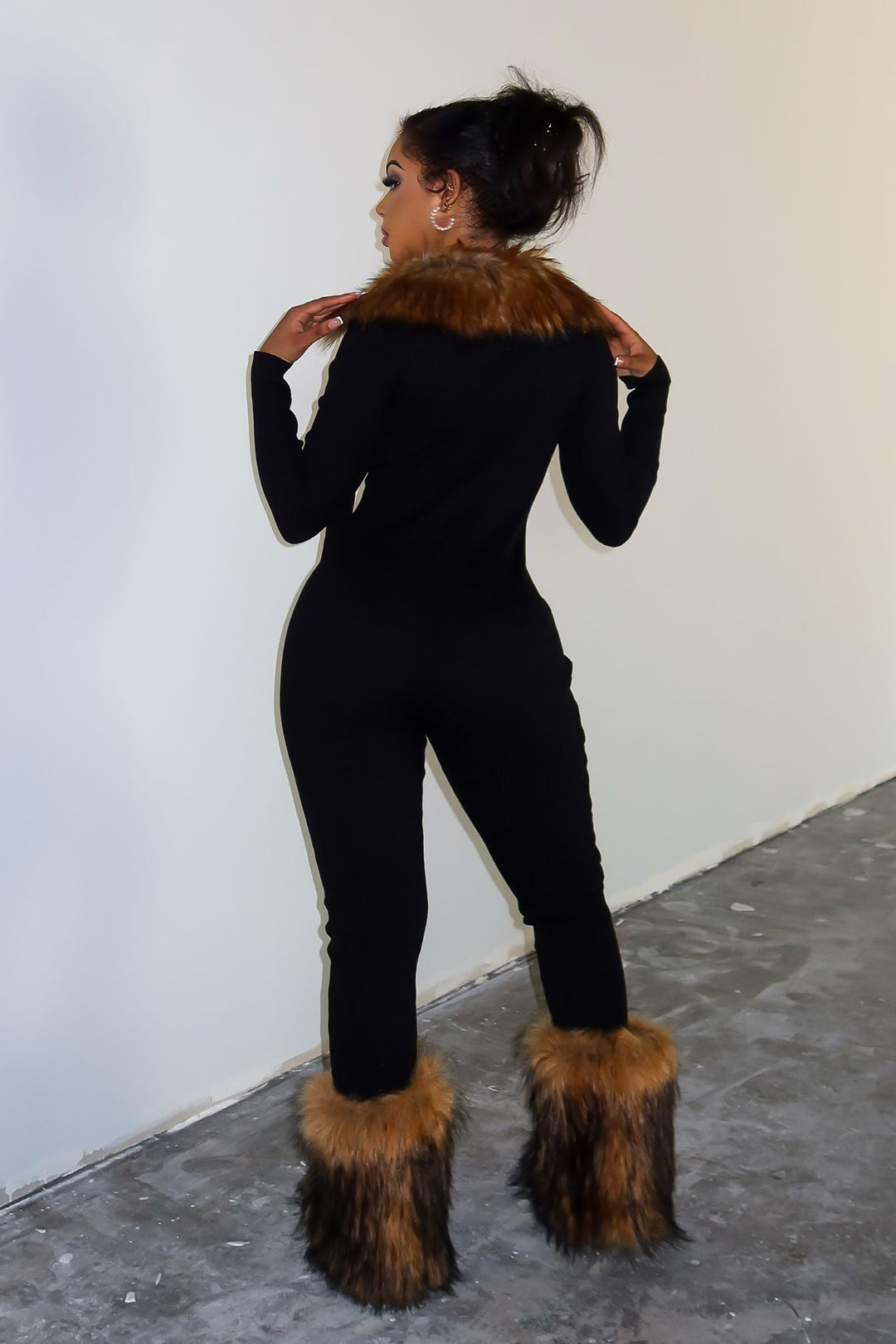 KS Power knit Jumpsuit With Fur Collar
