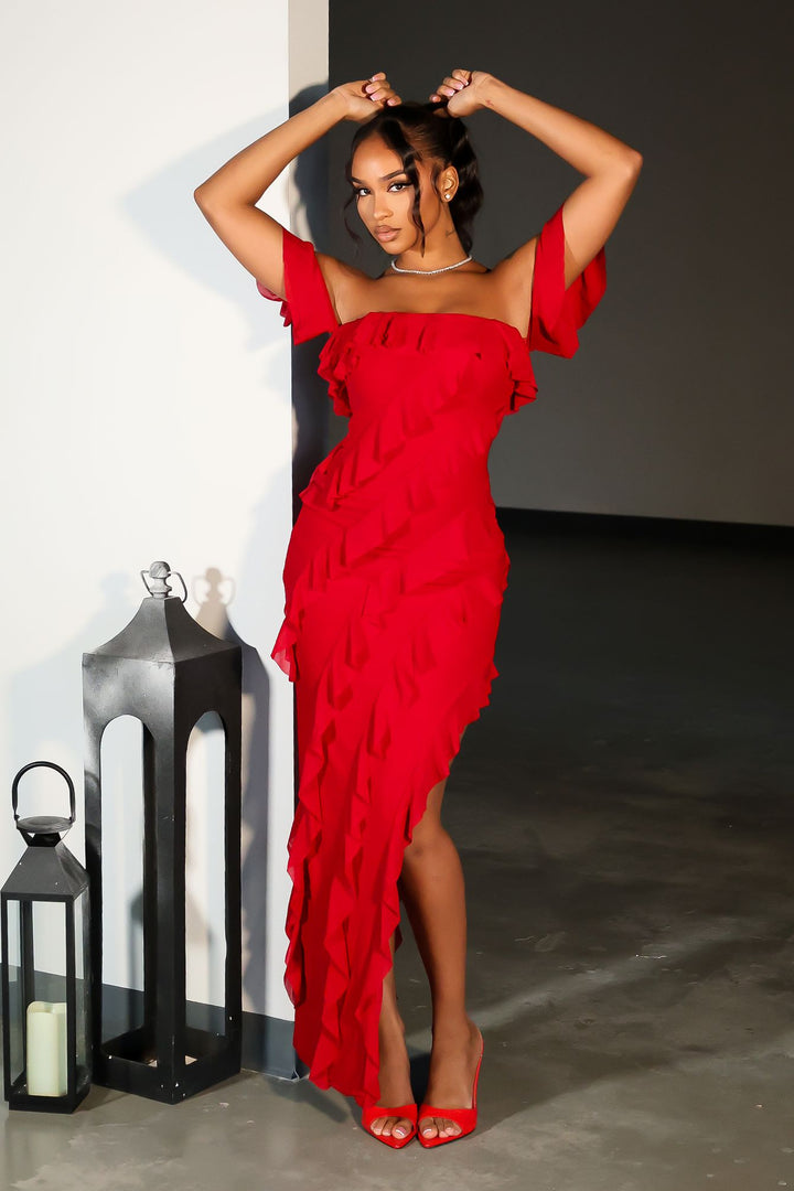 Belle Nuit Mesh Ruffled Maxi Dress