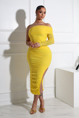 So Dramatic Mesh Ruched One Sleeve Dress
