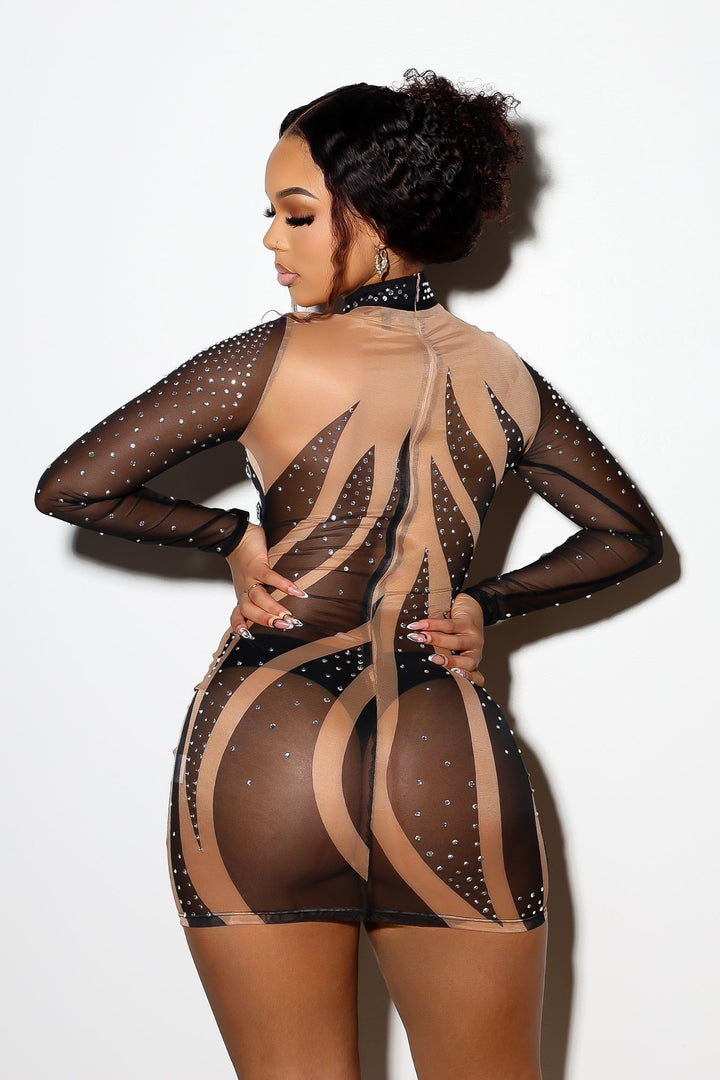 Elira Long Sleeve Rhinestone Mesh Dress