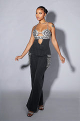 Varon Crystal Bra Denim Jumpsuit