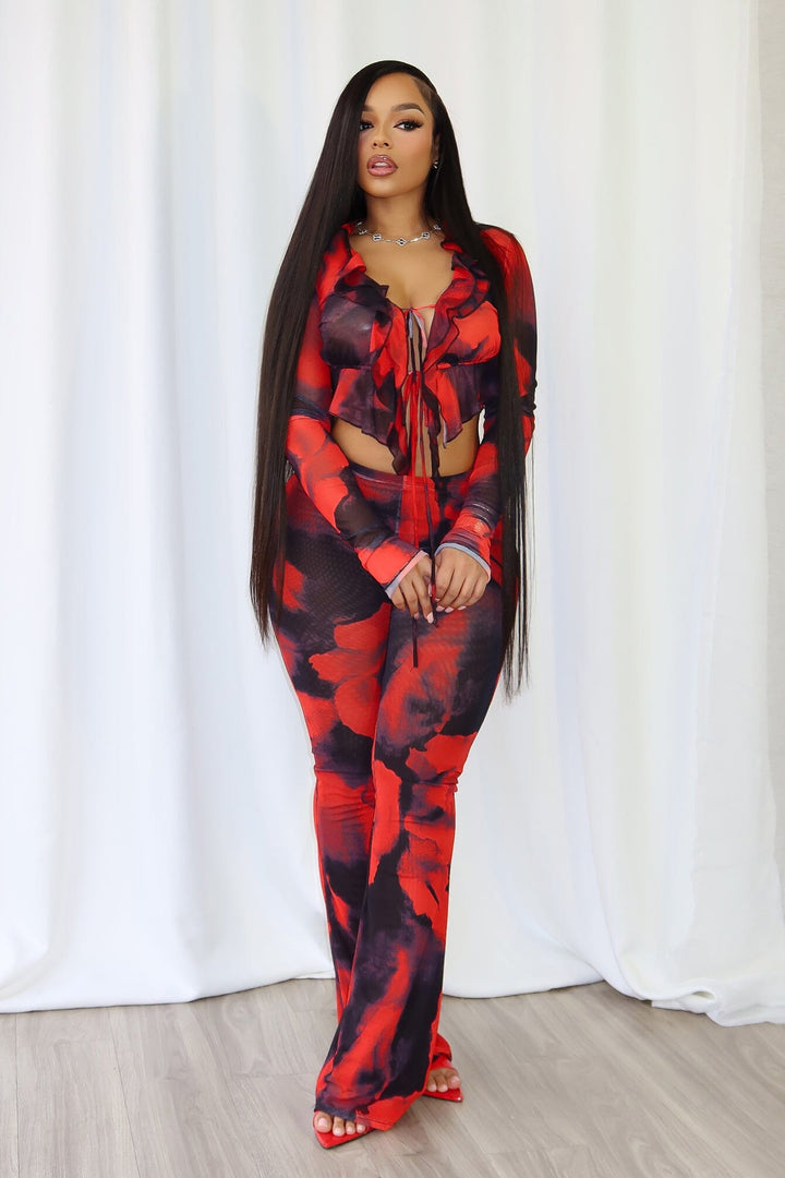 Perry Mesh Print Ruffle Top &amp; Pants SET