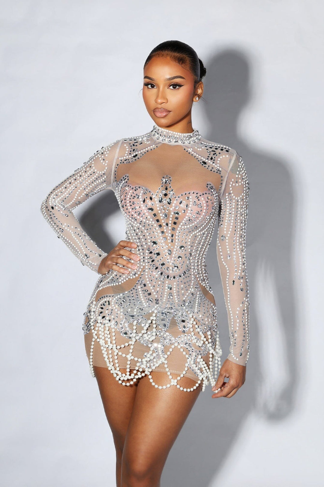 See Through Mesh Mini Dress With Pearl & Rhinestone – EDGE