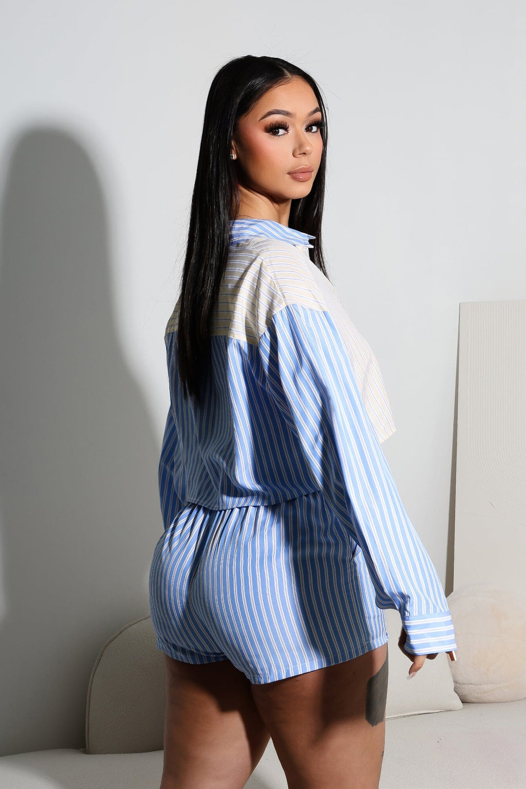 Nasia Pinstripe Poplin Boxer Top &amp; Shorts SET