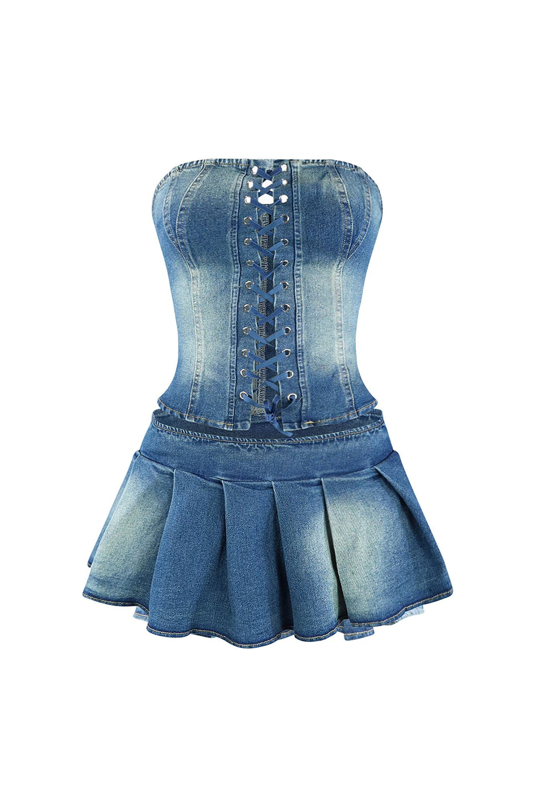 Muted Blue Denim Corset Top &amp; Skirt SET