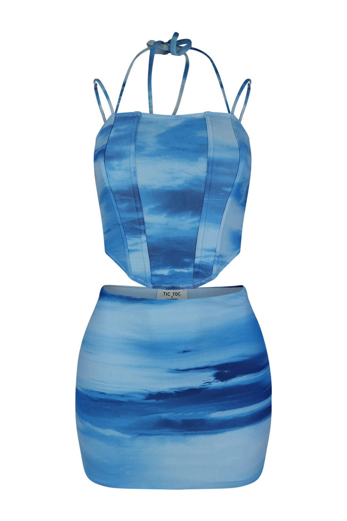Bleu Print Mesh Halter Corset & Skirt SET matching sets EDGE Small Blue 