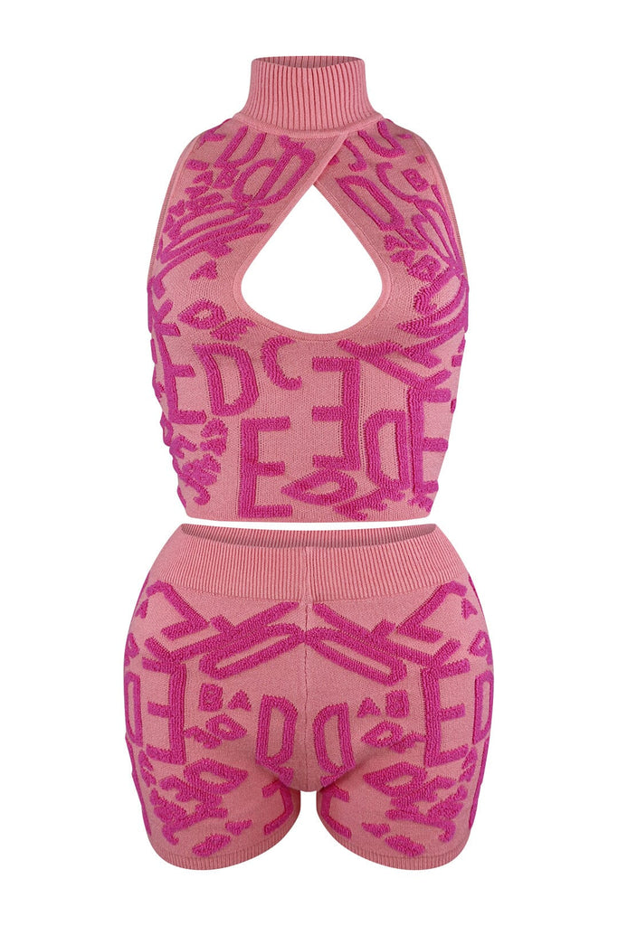 Pink Print Mock Neck Top & Shorts SET matching sets EDGE Small Pink 