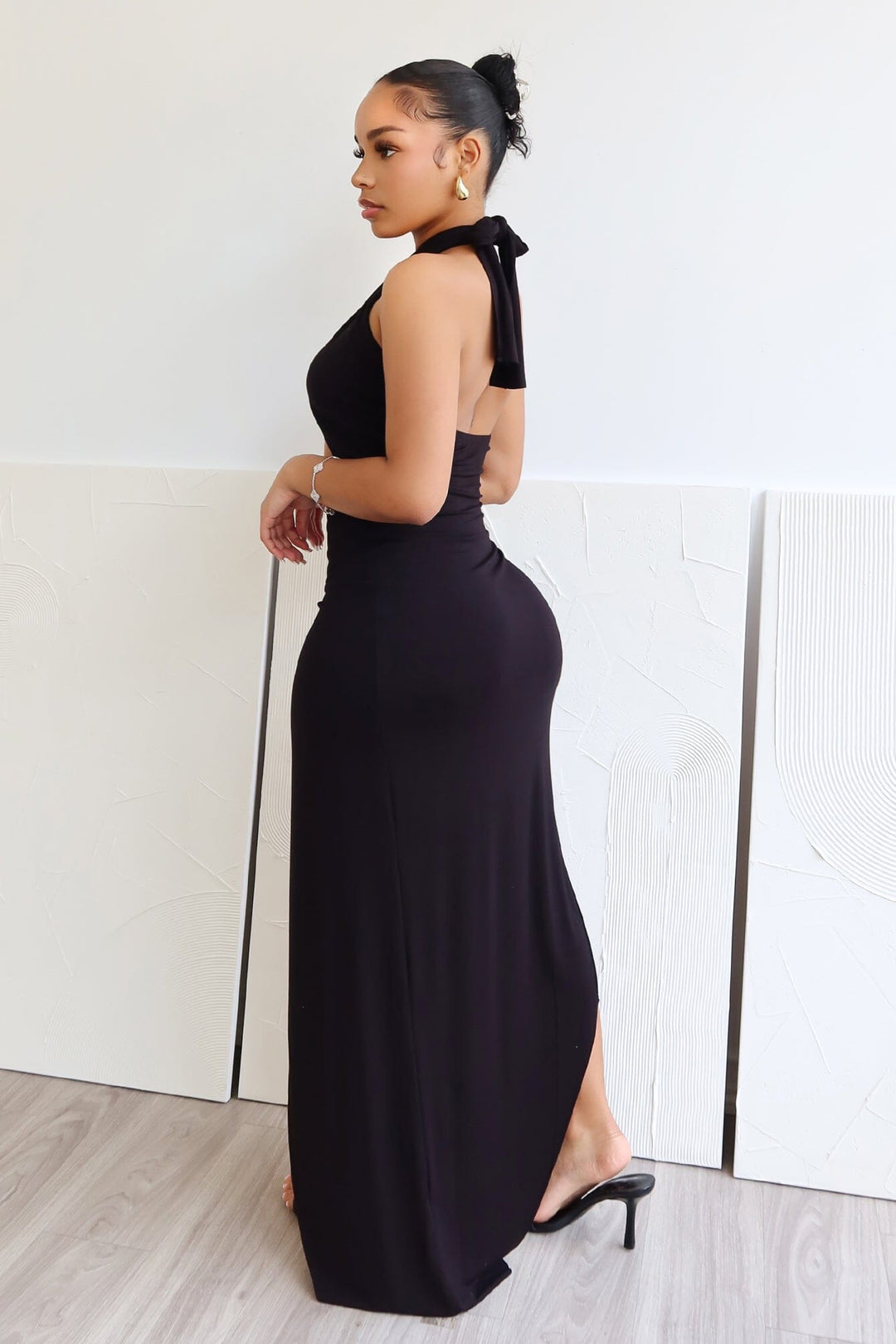 black halter slit dress Black Halter Neck Ruched Midi Dress With Side Slit
