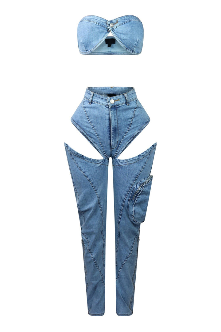 Boss Babe Denim Tube Top &amp; Cut Out Pants SET