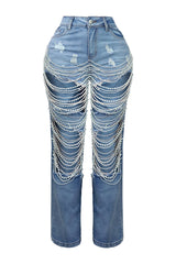 Janet Pearl &amp; Rhinestone Distressed Jeans
