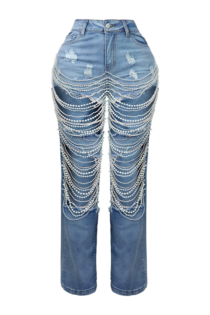 Janet Pearl &amp; Rhinestone Distressed Jeans