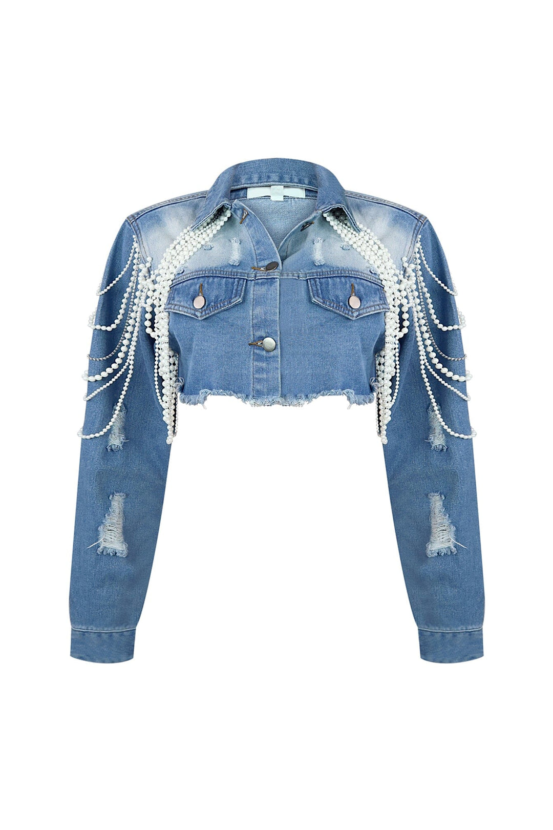 Janet Pearl &amp; Rhinestone Draped Denim Jacket