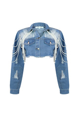 Janet Pearl &amp; Rhinestone Draped Denim Jacket