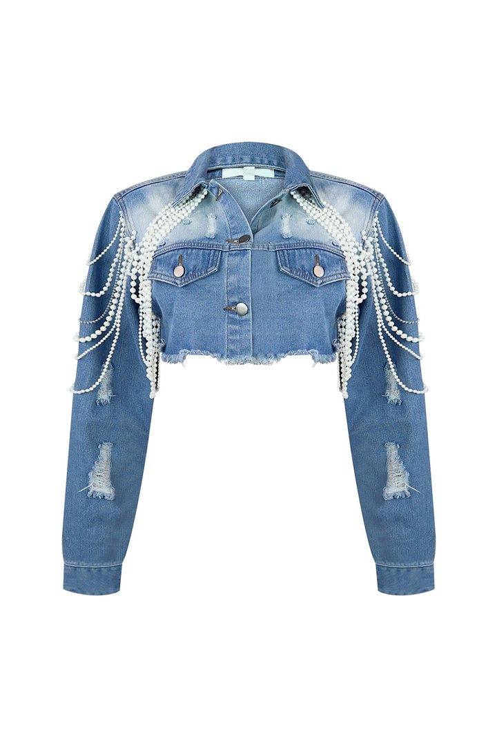 Janet Pearl &amp; Rhinestone Draped Denim Jacket