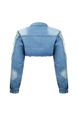 Janet Pearl &amp; Rhinestone Draped Denim Jacket