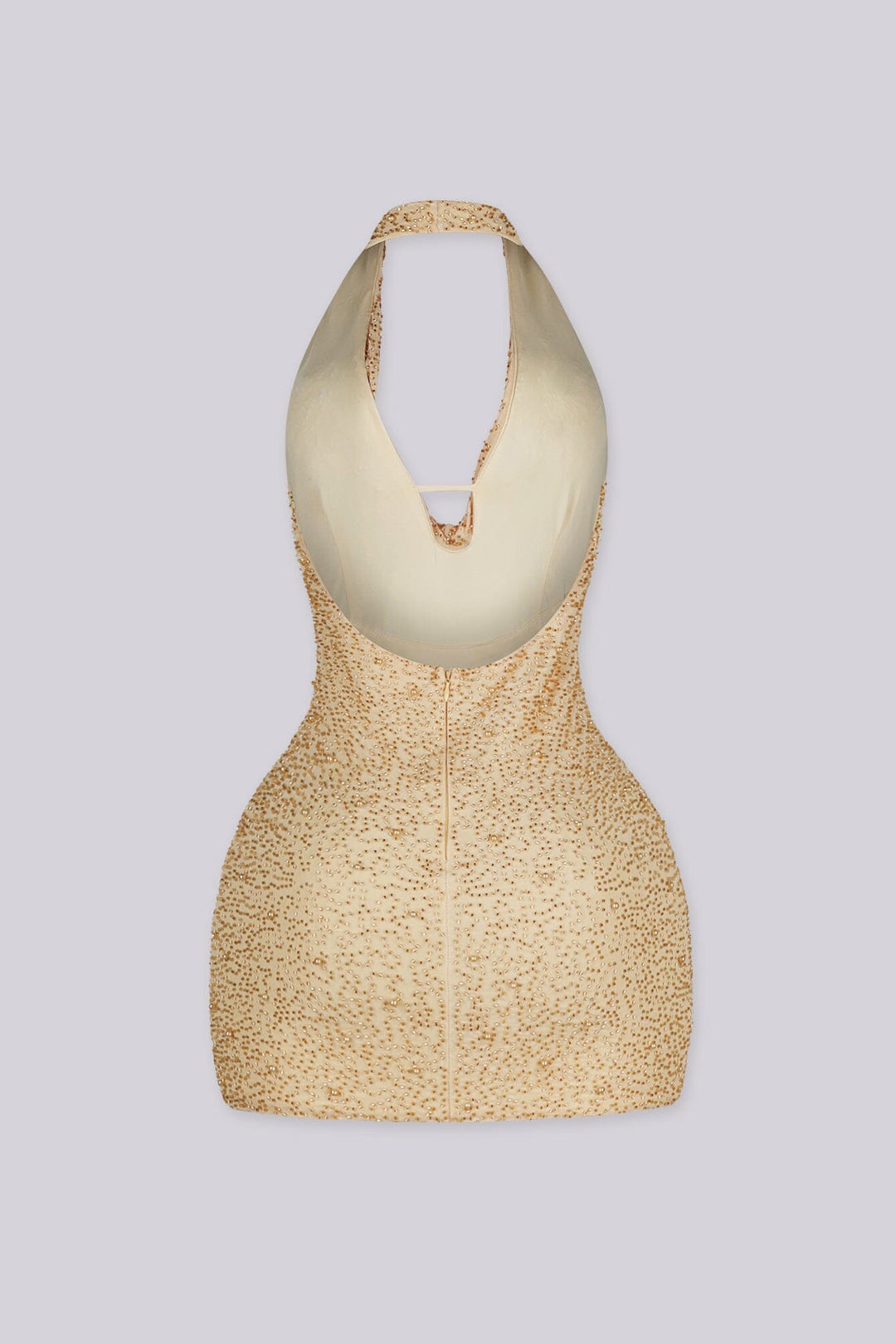 EDGE — yellow mesh pearl mini dress, gold back view flat lay