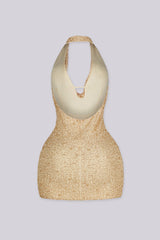 EDGE — yellow mesh pearl mini dress, gold back view flat lay