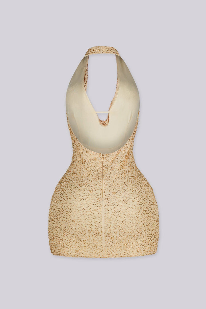 EDGE — yellow mesh pearl mini dress, gold back view flat lay