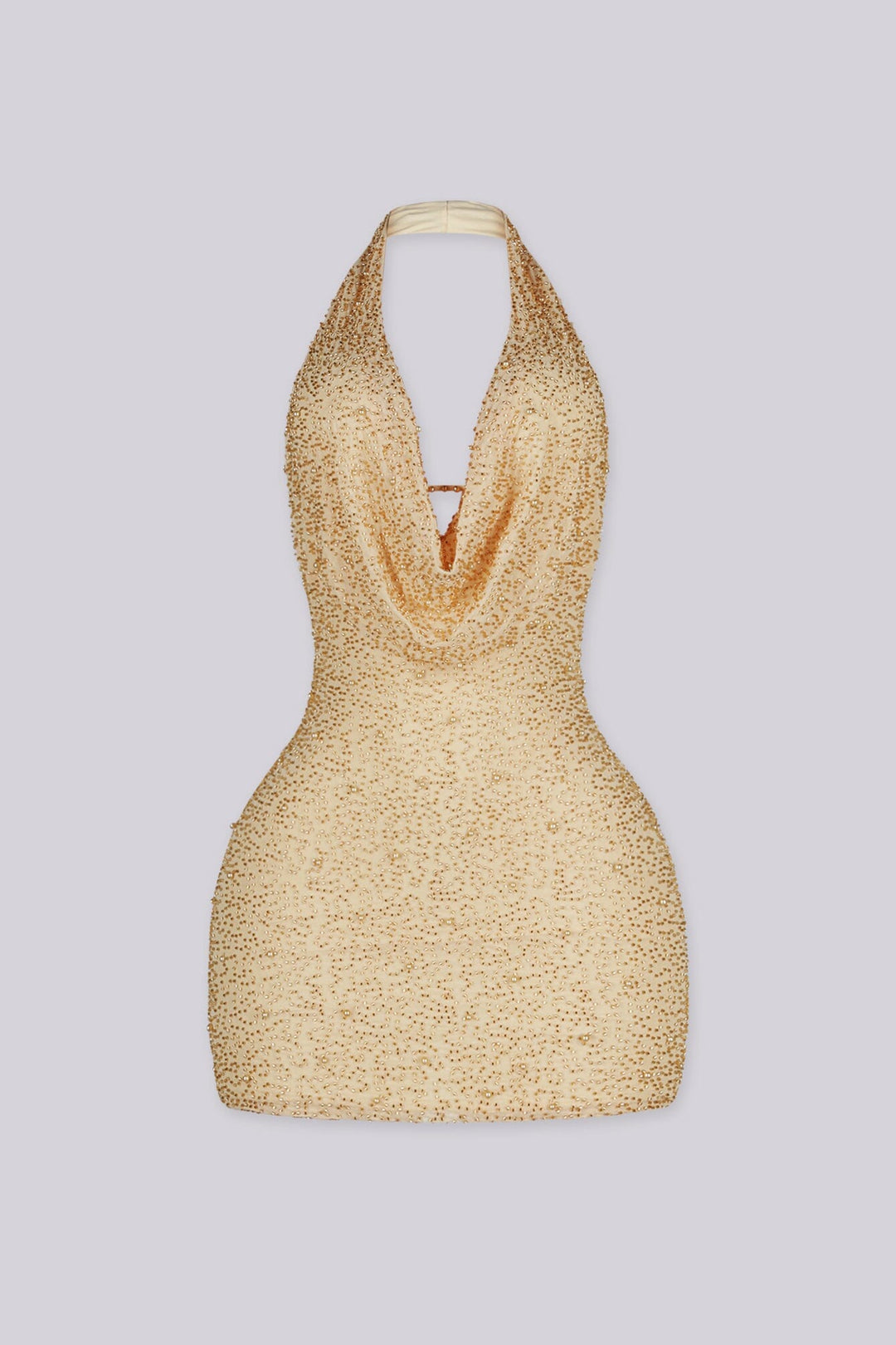 EDGE — yellow mesh pearl mini dress, gold front view flat lay