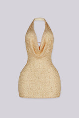 EDGE — yellow mesh pearl mini dress, gold front view flat lay