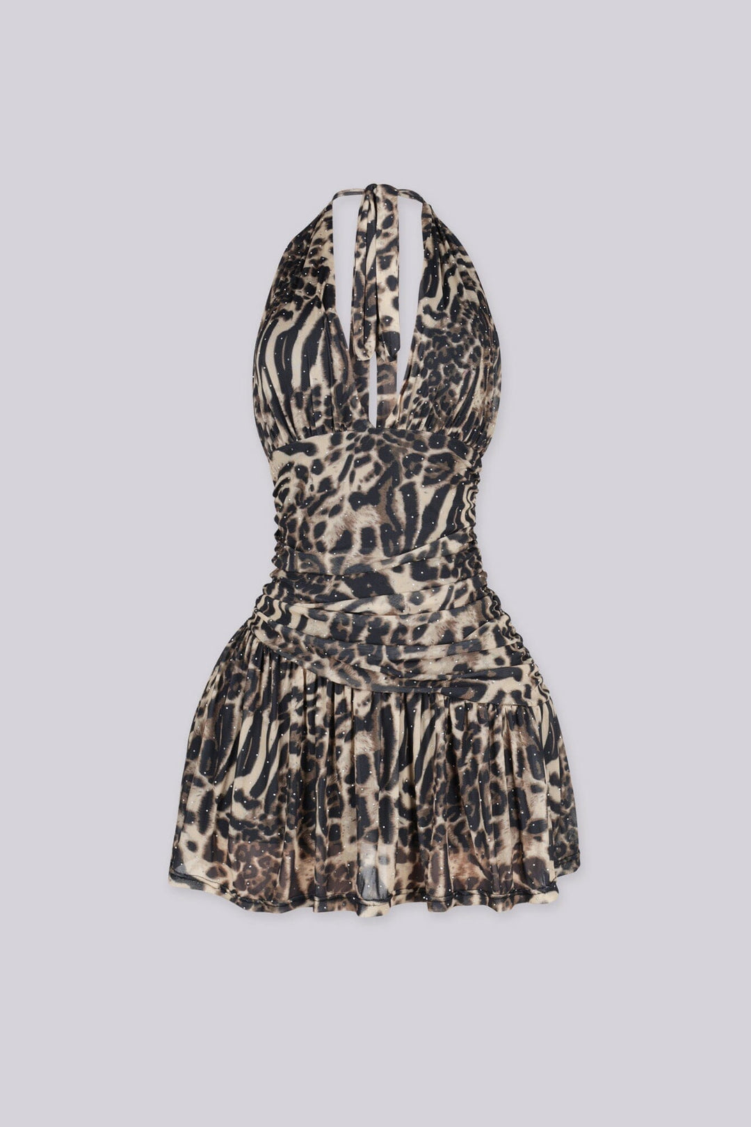 EDGEBYKS - Tie closure halter neckline mini dress with plunging V front detail, front view