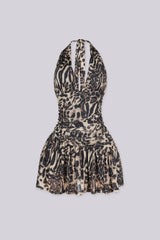 EDGEBYKS - Tie closure halter neckline mini dress with plunging V front detail, front view