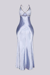 EDGEBYKS - Fluid weightless satin drape maxi slip dress featuring bust lace panel detail, back view