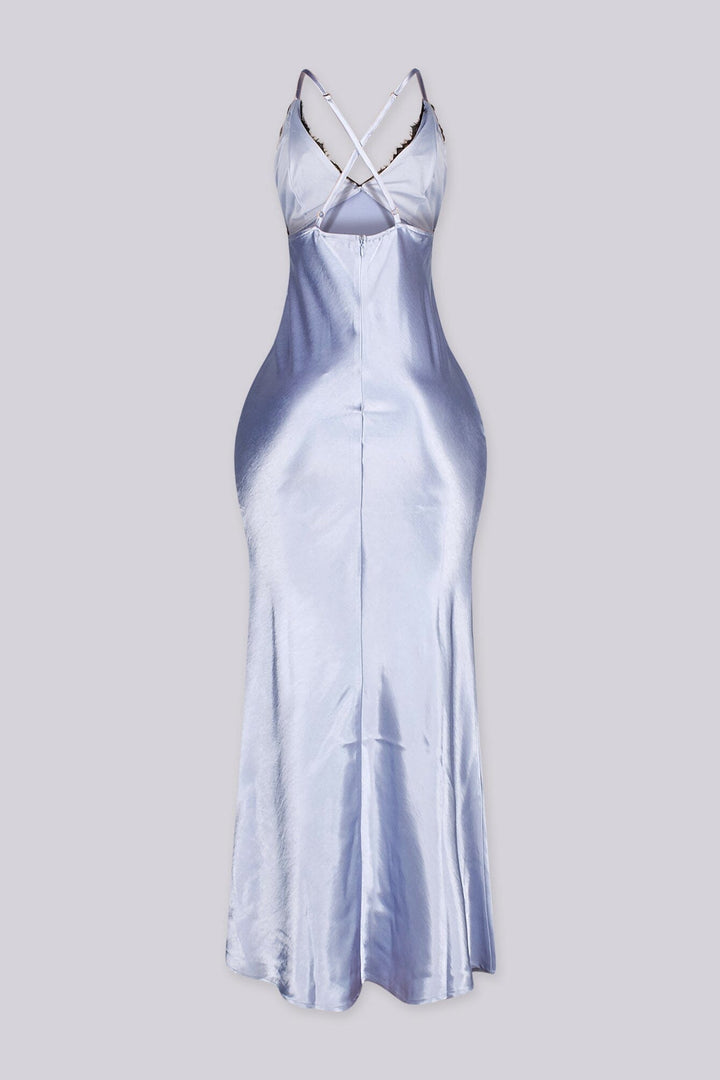 EDGEBYKS - Fluid weightless satin drape maxi slip dress featuring bust lace panel detail, back view
