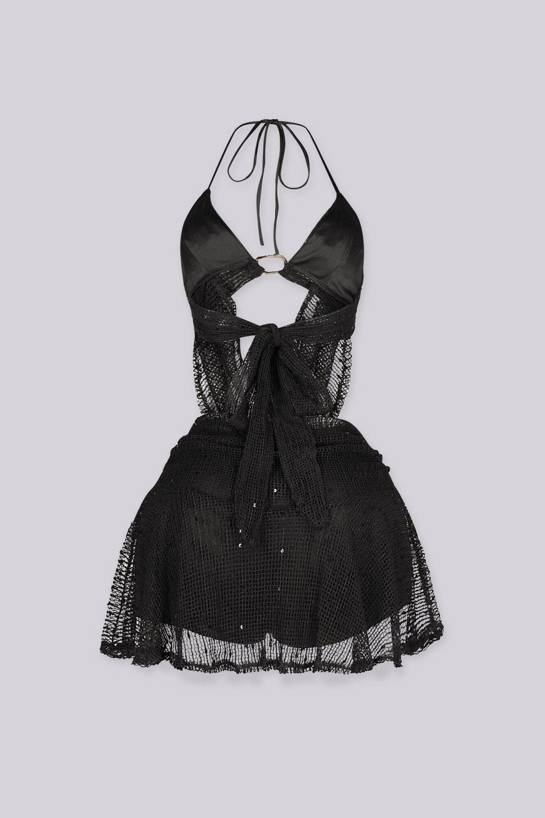 EDGEBYKS - Halter bralette top featuring draped crochet scarf with gold ring detail at the center front, back view