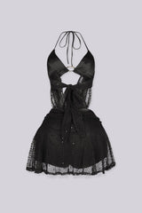 EDGEBYKS - Halter bralette top featuring draped crochet scarf with gold ring detail at the center front, back view
