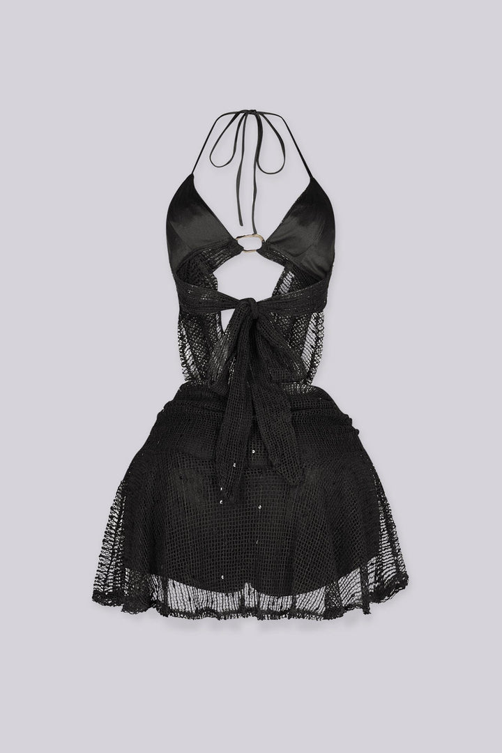 EDGEBYKS - Halter bralette top featuring draped crochet scarf with gold ring detail at the center front, back view
