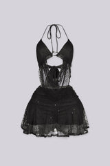 EDGEBYKS - Halter bralette top featuring draped crochet scarf with gold ring detail at the center front, front view