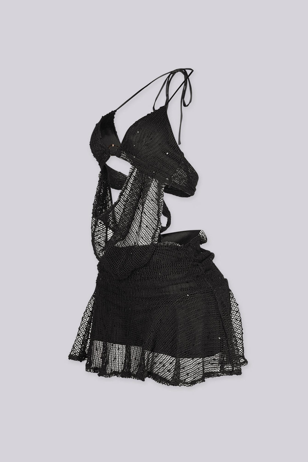 EDGEBYKS - Halter bralette top featuring draped crochet scarf with gold ring detail at the center front, side view