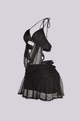 EDGEBYKS - Halter bralette top featuring draped crochet scarf with gold ring detail at the center front, side view